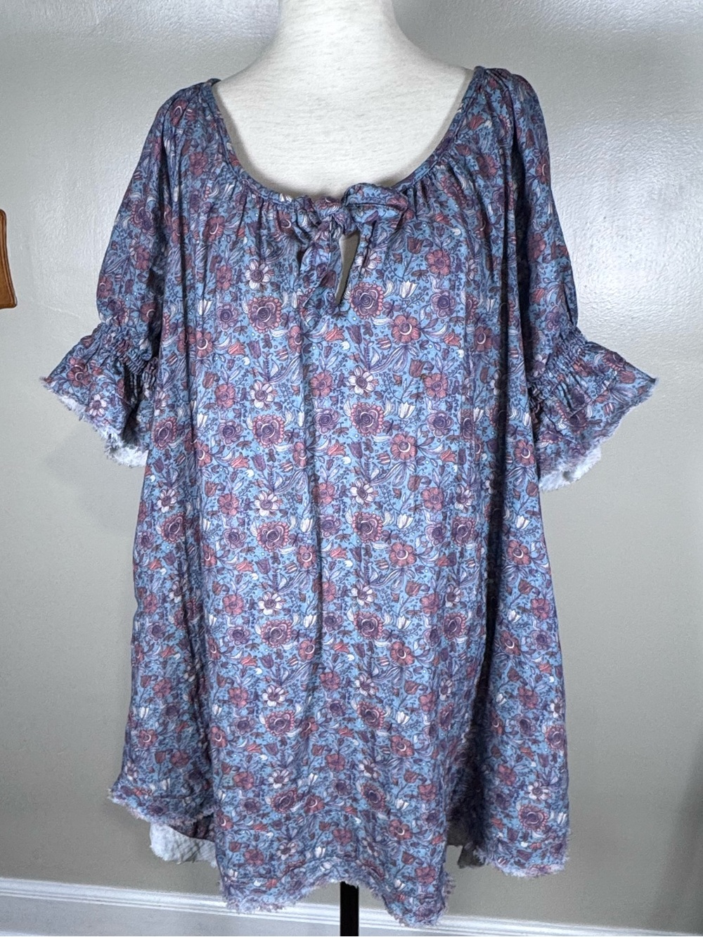 Natural Life Sz M Woven Cotton Butterfly Floral Short Sleeve Tie Neck Mini Dress